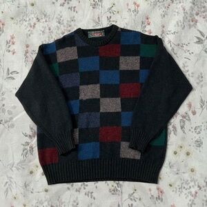 Vintage 80s Shannon Traders Made in Ireland Wool Checkered Forest Green Sweater
